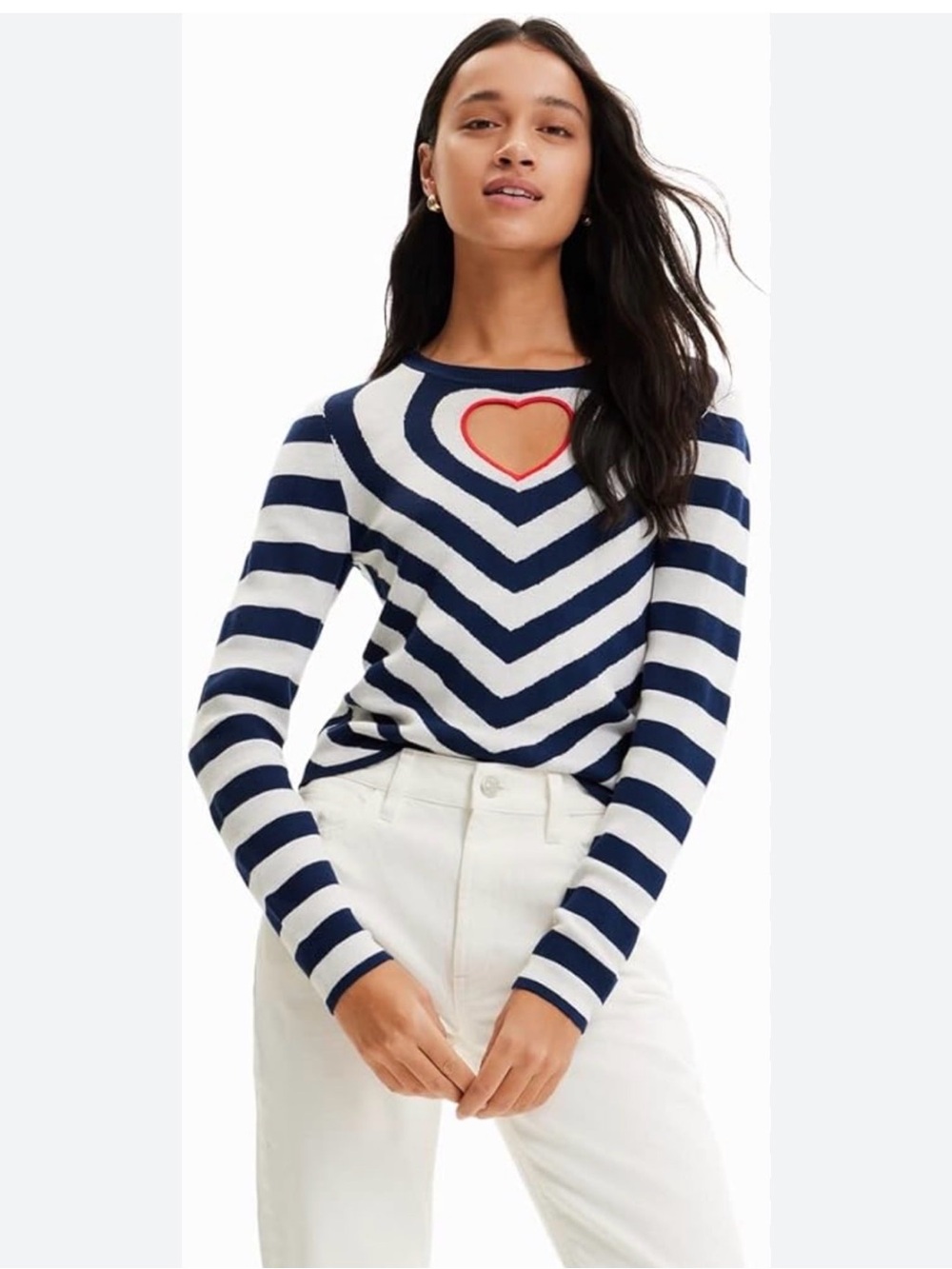 Desigual Navy & White Striped Crewneck Sweater with Heart Cutout